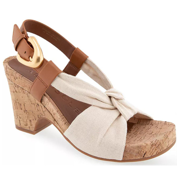 AEROSOLES Shoes - Women’s Tan & Cream Cork Wedge Sandal with Knot Detail